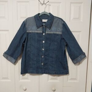 Alfred Dunner Women Denim Top/Jacket Blue Denim Embroidered Floral 3/4 Sleeve 16